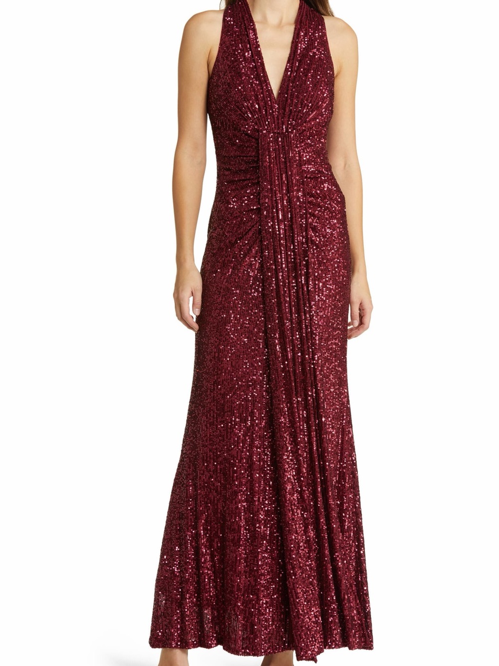 Eliza J Burgundy Sequin Halter Evening Gown Drape Ruched Formal Maxi Ruby 6